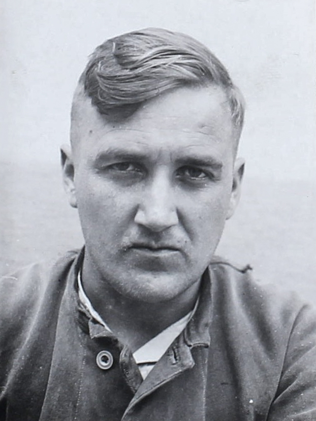 Es ist ein schwarz-weißes Porträtfoto. Walter Bade blickt leicht von unten direkt in die Kamera. Er trägt ein dunkles Hemd. Der oberste Knopf ist offen. Seine Haare sind an den Seiten sehr kurz und oben länger und zur Seite gekämmt.