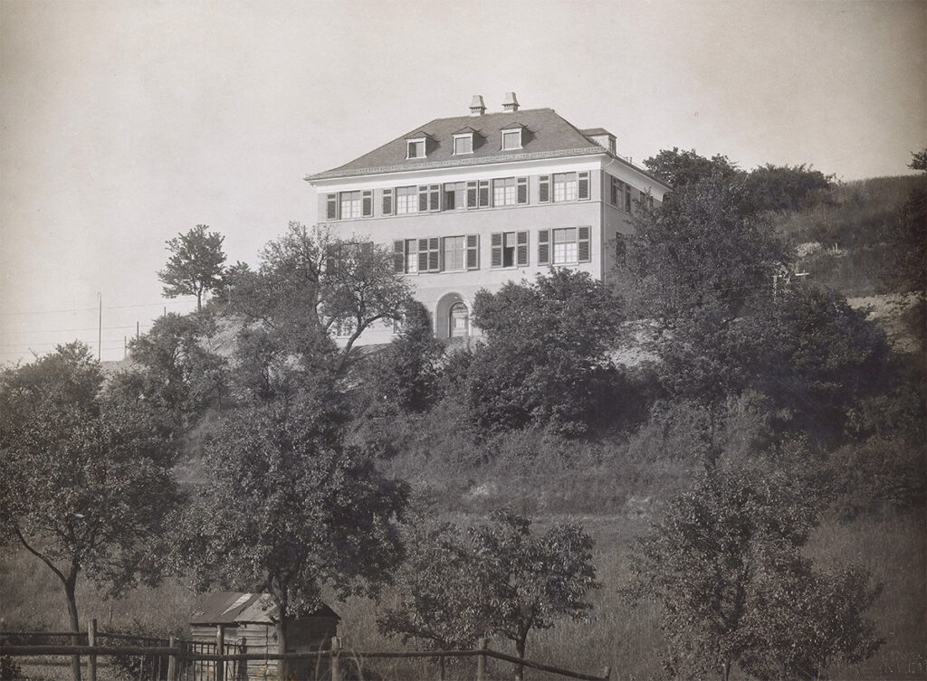 It is a black and white photo. A three-storey, light-coloured house is elevated behind dense treetops. The windows have shutters. A few dormer windows can be seen in the roof.