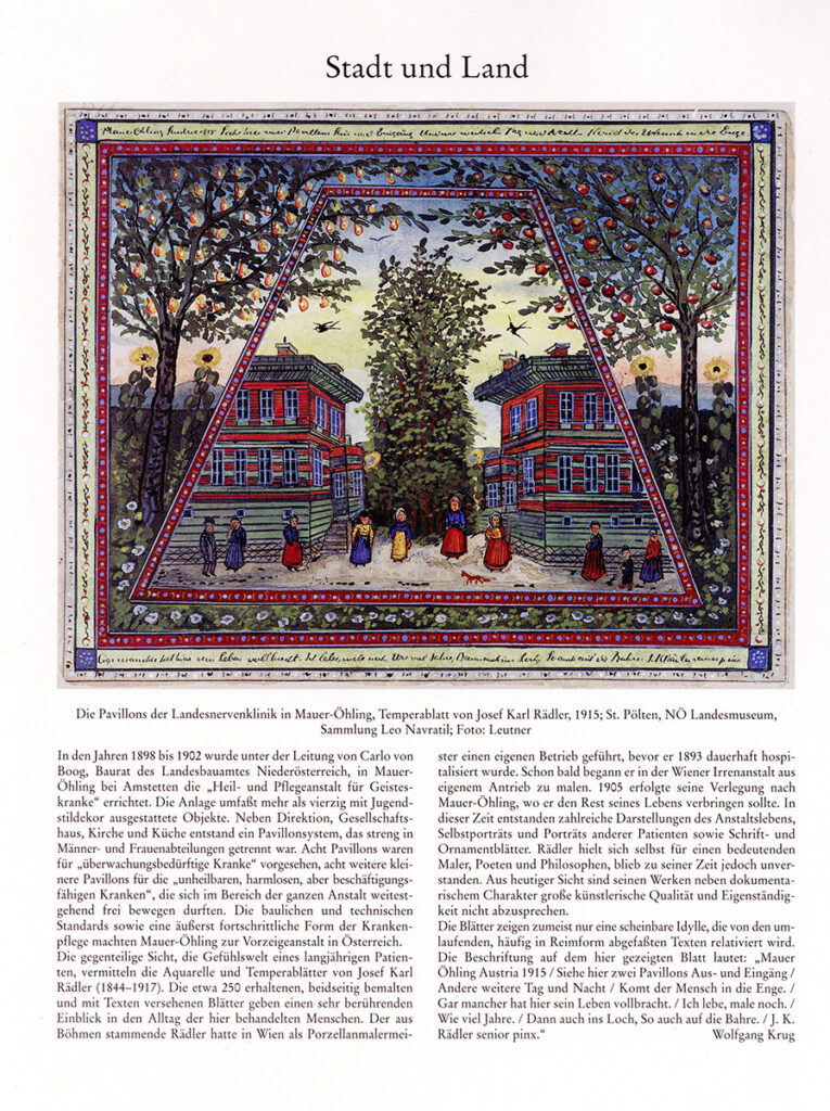 It is a colourful drawing. Two identical houses can be seen next to each other in the midst of fruit trees. The houses are striped green and red and have two storeys with flat roofs. People can be recognised in front of and between the houses. They are wearing long colourful skirts. A man can also be seen.