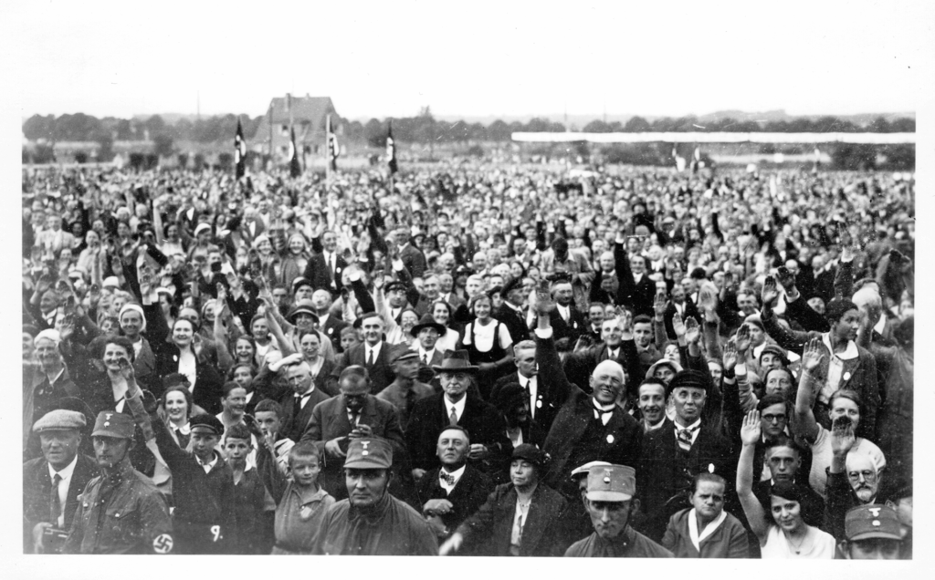 Es ist ein schwarz-weißes Foto. Es zeigt eine Menschenansammlung auf einem Platz. Im Hintergrund sind vier Fahnenstangen mit Hakenkreuzfahnen. In der ersten Reihe stehen vier uniformierte SA-Männer. Hinter ihnen stehen Lüneburger unterschiedlichen Alters und Geschlechts, auch viele Kinder und Jugendliche. Sie blicken freudig nach vorne in die Kamera. Einige von ihnen haben den rechten Arm zum Hitlergruß erhoben.